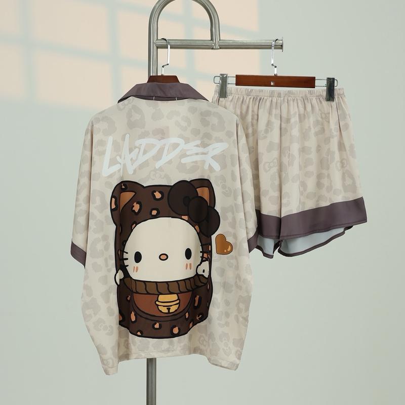 Bộ ngủ pijama lụa ( không túi ) quần đùi cánh dơi kem beo hoạ tiết mèo nâu