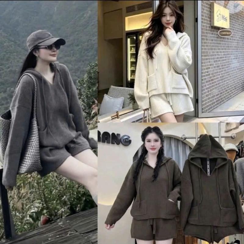 [ Hàng QCCC L1 ] Set len áo mũ mix quần đùi chất len dệt kim hàng QCCC