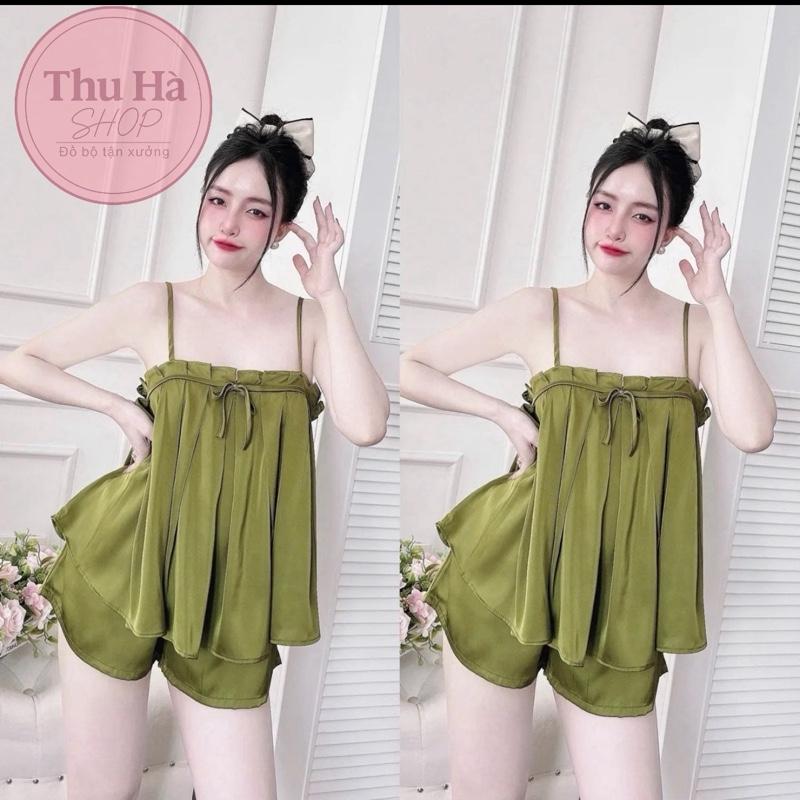 Đồ bộ lụa latin tơ tằm hai dây quần đùi có tăng chỉnh,xếp ly hoạ tiết trơn dành cho nữ