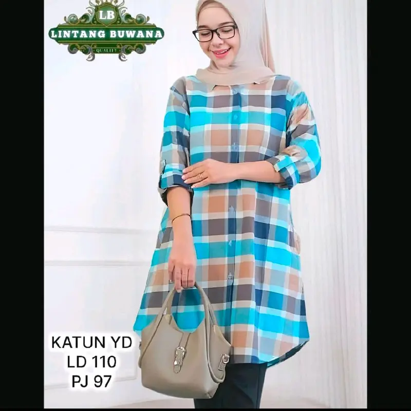 Lintang Buwana Selina Tunik Kotak Kotak Katun Wanita Atasan Panjang Muslim Kancing Formal daily warna warni 6