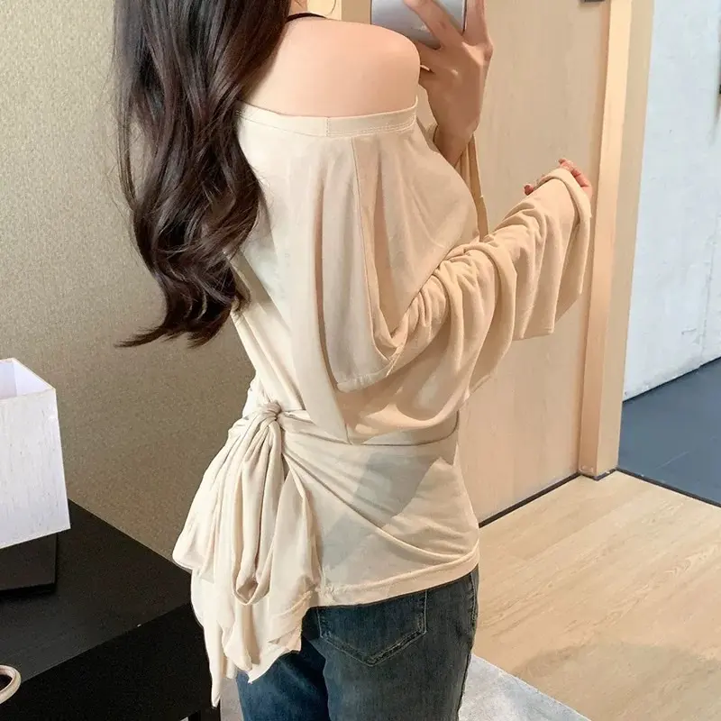 Áo thun trễ vai cột nơ chiết eo dài tay(Freesize dưới 55kg ) kèm áo yếm