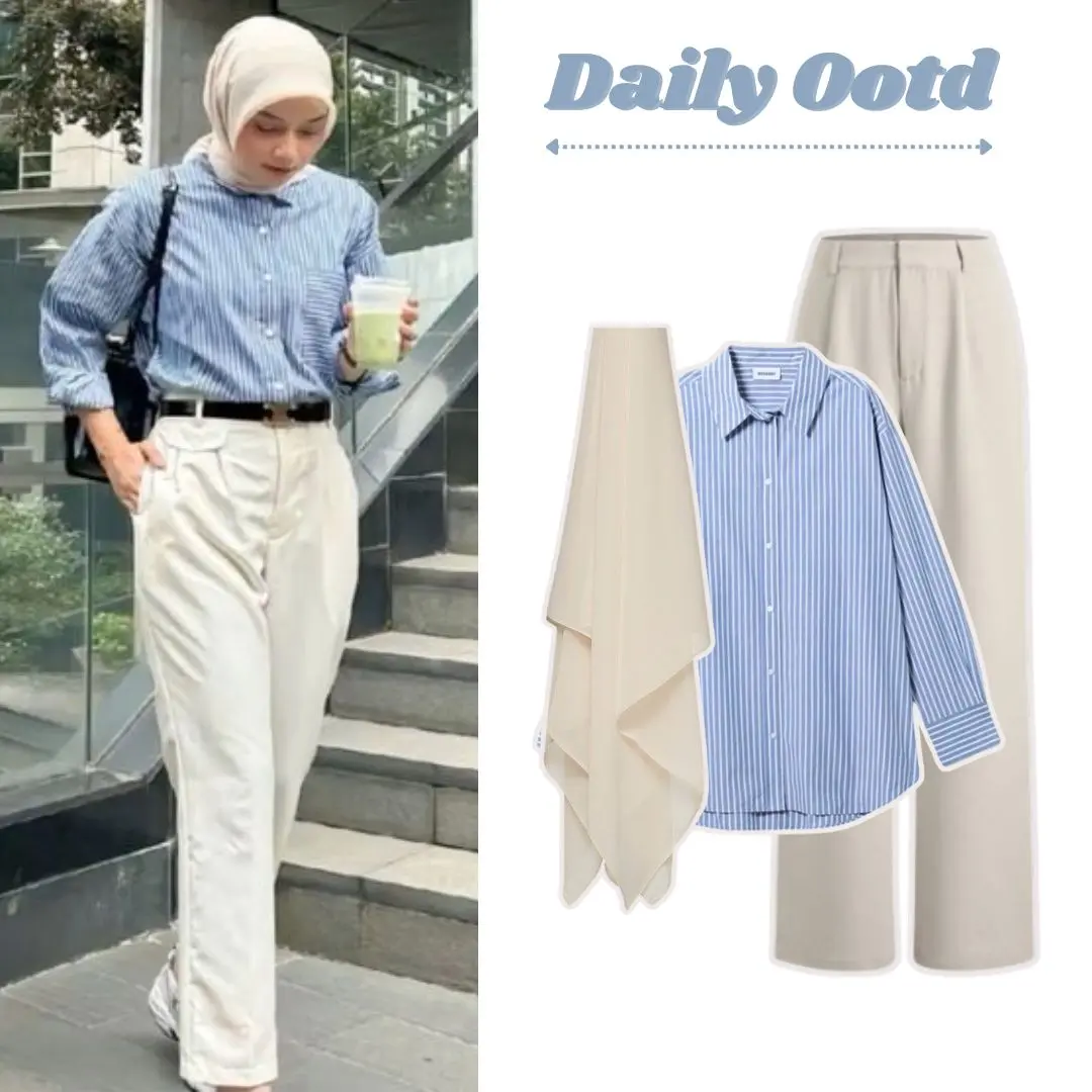 Setelan Daily Ootd 3In1 Kemeja Saluria Wanita Hijab Bella Square Celana Jennie Knit Ivory | BS26 - Linen Panjang Biru Cantik Nyaman