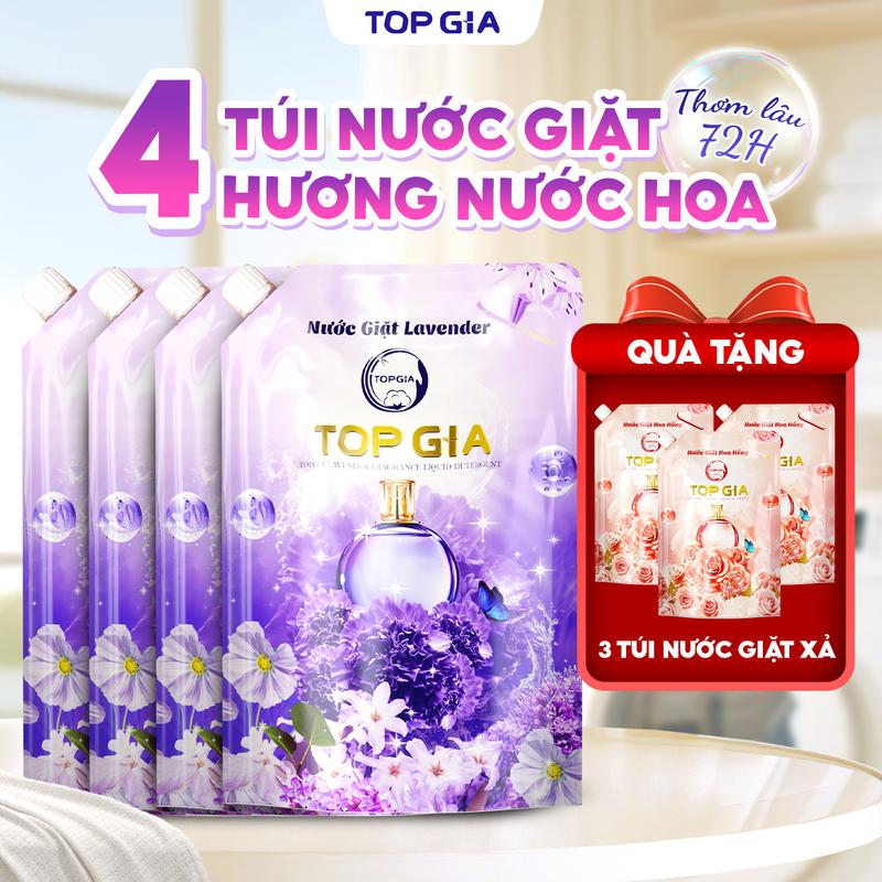 [MUA 4 TẶNG 3] - Combo 4 Túi Nước giặt xả TopGia hương Lavender 1L , Tặng 3 túi Nước giặt xả hương Hoa Hồng, Nước giặt xả quần áo làm sạch, ngừa khuẩn, làm mềm vải và lưu hương dài lâu (1L) nuoc giat nth
