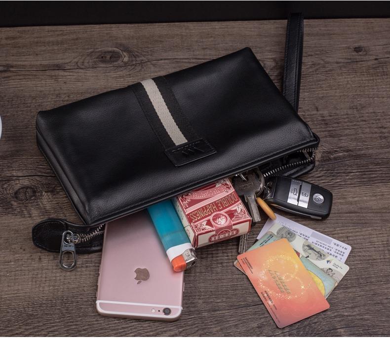 2025 Men's Clutch Bags Genuine Leather Double Layer Large Hand Bag for Male Long Wallets Envelope Bag Zipper Black Brand 3