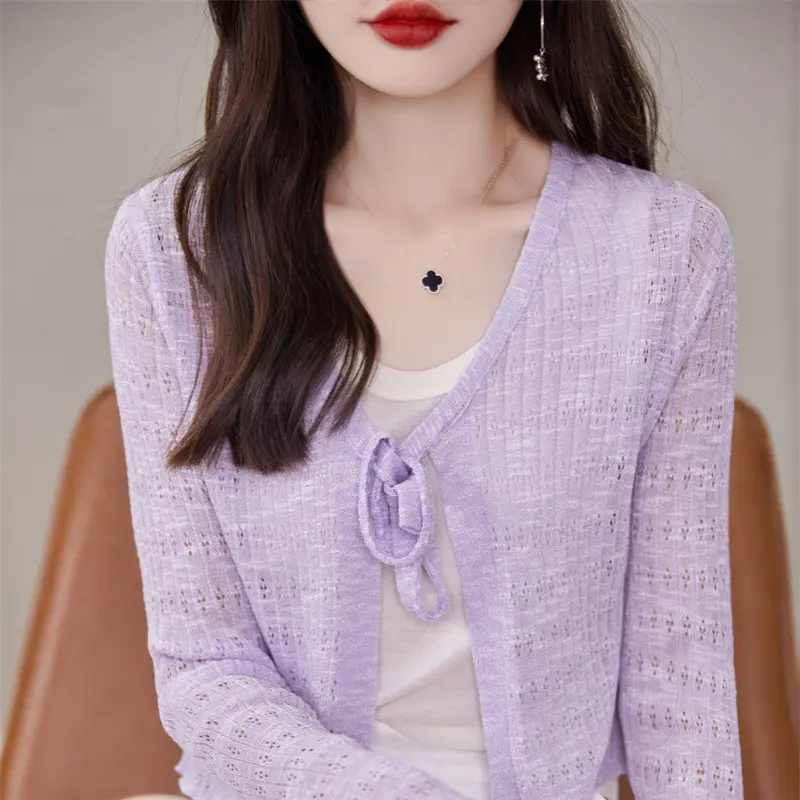 KOKO - Cardigan Coquette Rajut Bertali Kerah V Lengan Panjang Wanita Knitwear Atasan Kardigan Kancing Oversize Baju Outer Muslim Motif Casual Top Tangan Crop Basic Sweater