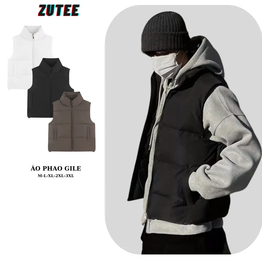 Áo phao gile nam nữ có túi sườn form rộng ZUTEE, Áo khoác phao cổ cao Menswear Đen