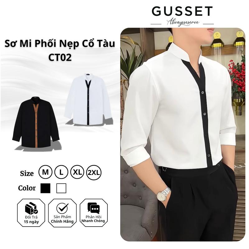 Áo Sơ Mi Nam GUSSET Phối Nẹp Cổ Tàu Vải Chéo Hàn CT02 Menswear Cổ Tròn Thun Chất Liệu Mỏng Mềm Mịn Mát