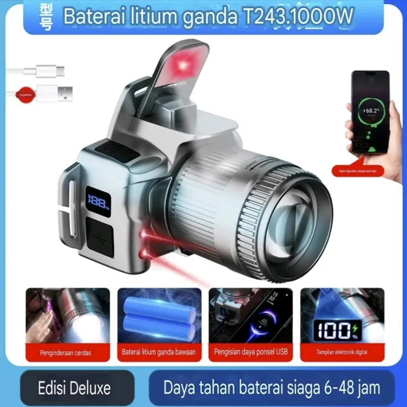 MOVTESS T243 Senter Kepala Zoom LED & Lampu Cob Merah Sensor Cerdas Digital Display Baterai Ganda 7