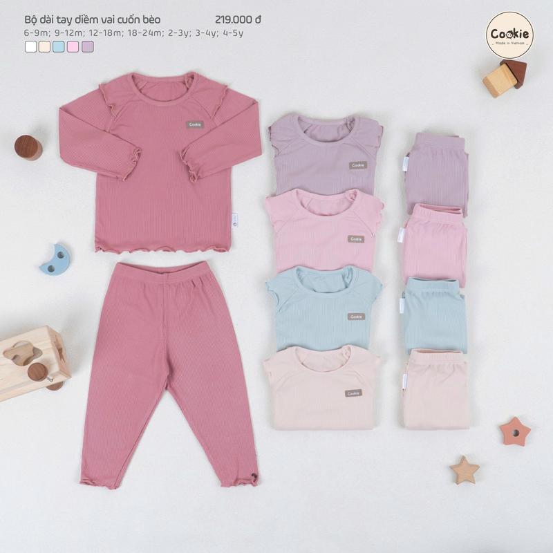  Bộ Quần Áo Dài Tay Cookie Diềm Vai Cuốn Bèo Cho Bé Gái Size Từ 6 Tháng Đến 5 Tuổi Cotton Tăm Lạnh 