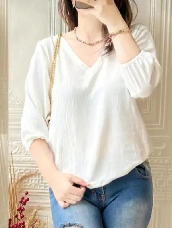 Pakaian wanita atasan blouse Cringkel airflow remaja dewasa model terbaru kekinian yang lagi viral Crinkle Nyaman Kerah Tangan Panjang 8