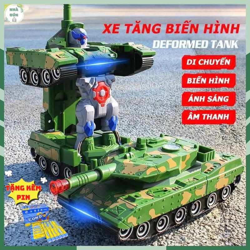 Đồ Chơi Trẻ Em Xe Tăng Biến Hình Robot Tự Động Có Đèn Và Nhạc Cho Bé A32 TẶNG 3V PIN AA