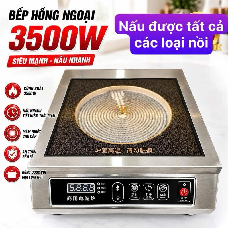A:Bếp hồng ngoại 3500W nấu được tất cả các loại nồi nhôm gang inox sắt sieu nhanh bền bỉ tiết kiệm điện