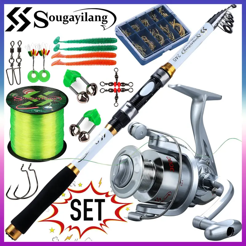 Sougayilang Rod memancing berputar dan reel set 5.9ft/6.9ft/7.9ft Rod memancing teleskopik dan 6BB 5.2:1 Ratio memancing berputar reel memancing dengan garis memancing 500m Ikan Roda 0