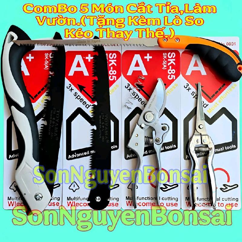 [ Hàng Chính Hãng ] COMBO Dụng Cụ Cắt Tỉa Làm Vườn 5 Món Gồm : Kéo Bạc sk 5,Kéo Tỉa Dăm Thép Trắng Không Gỉ ,Cưa Lách Cam,Cưa Gấp Gọn Toyama Nhật và Lưỡi cưa Gấp Tặng Kèm Lò Xo Thay Thế Kéo Cắt Cành.( Bộ Sản Phẩm Chăm Sóc Cắt Tỉa Cây Hiệu Quả Và Sắc Bén.)