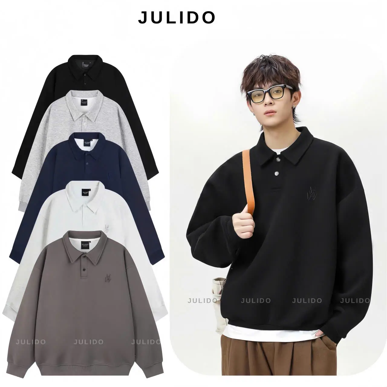 (Fom Rộng)Áo nỉ cổ bẻ Polo sweater JULIDO nỉ 2 da nam nữ unisex - GVW