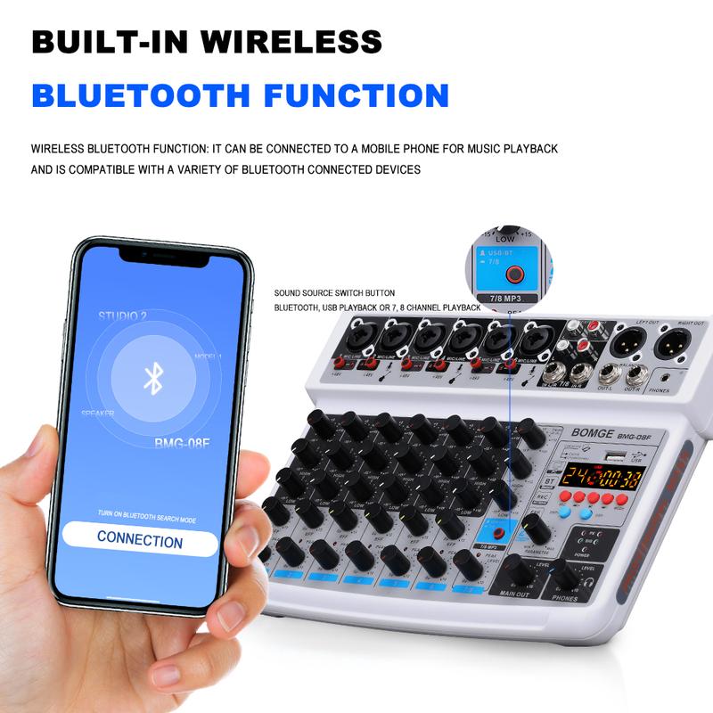 Product Introduction of BOMGE-mini 8 Channel Audio Mixer, Line Mixer, DC 5V, with MP3 Player, Bluetooth, 48V U Disk, 24DSP Effect, USB Recording Suitable for small club or bar, studio recording 11
