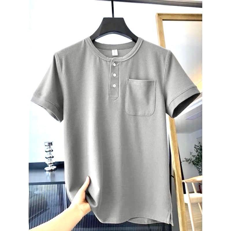 Áo phông nam cổ tàu 3 cúc túi ᵰgực Menswear Cotton mới nḣất Pique Cộc Tay 4