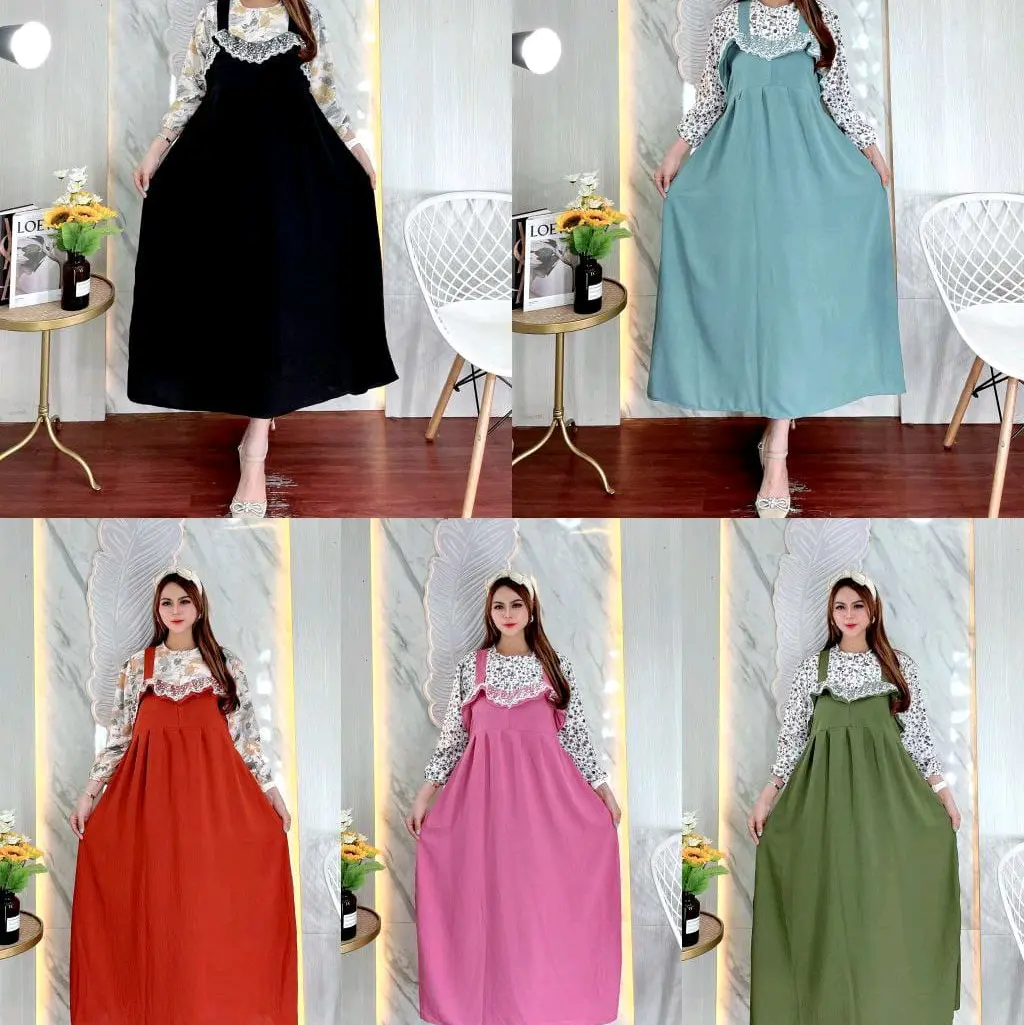 overall dress dengan iner motif