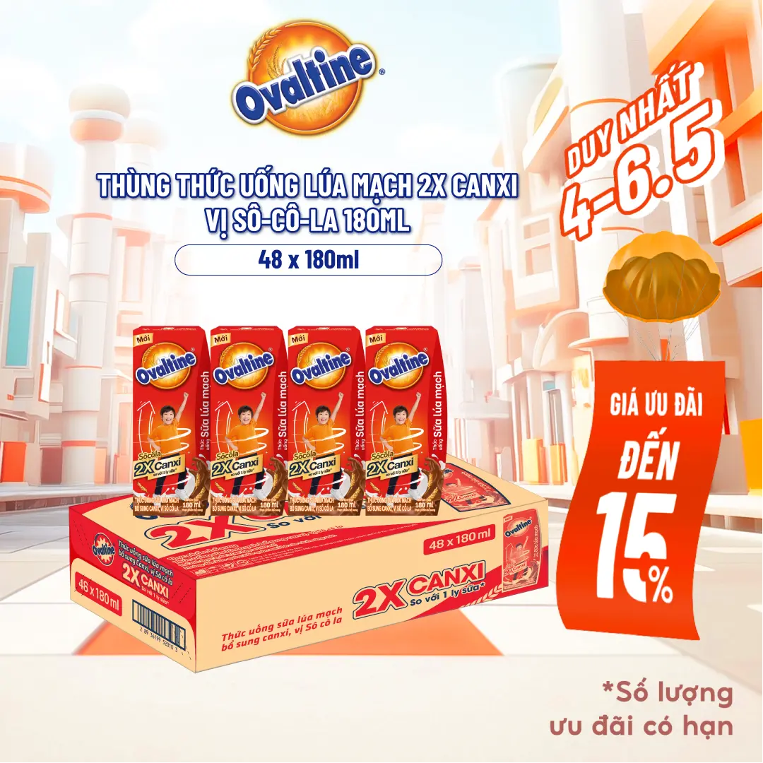 Thùng 48 hộp Thức uống lúa mạch gấp đôi Canxi hương vị sô-cô-la Ovaltine (180ml x 48)