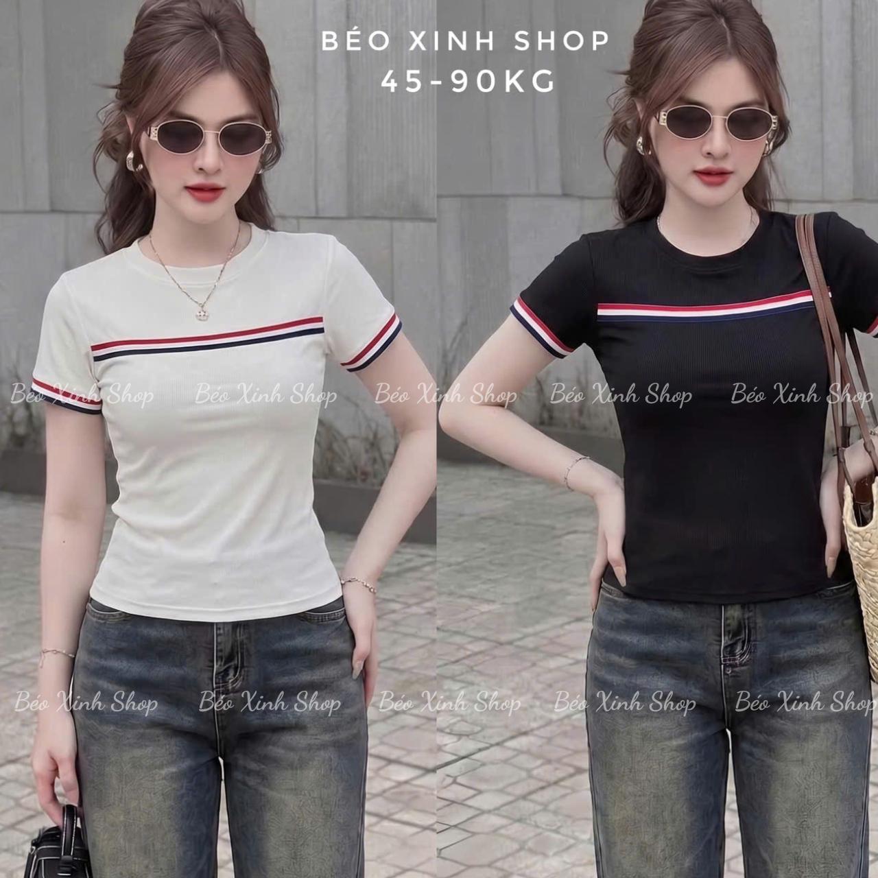 Thời Trang Bigsize [ Fom Ôm Body]  Áo Thun Nữ Phối Sọc Ngang Trẻ Trung Vải Thun Gân Tăm Co Giãn Bigsize 45 - 90Kg Dễ Thương Top Nữ Women - A.1794