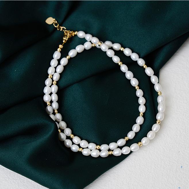 Product Introduction of N519 Fashion Jewelry For Women White  Freshwater Cultured Pearl With Steel Bead Stackable Rice Type Necklace 4