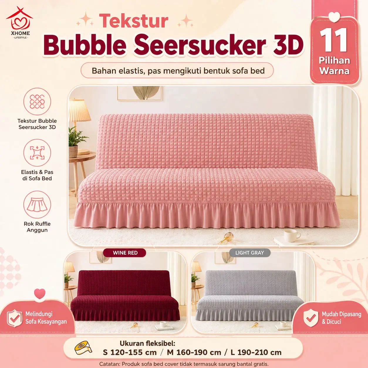 Cover Sofa Bed Elastis Bubble 3D Rok Rumbai Tanpa Sandaran Tangan, Lembut & Bisa Dicuci