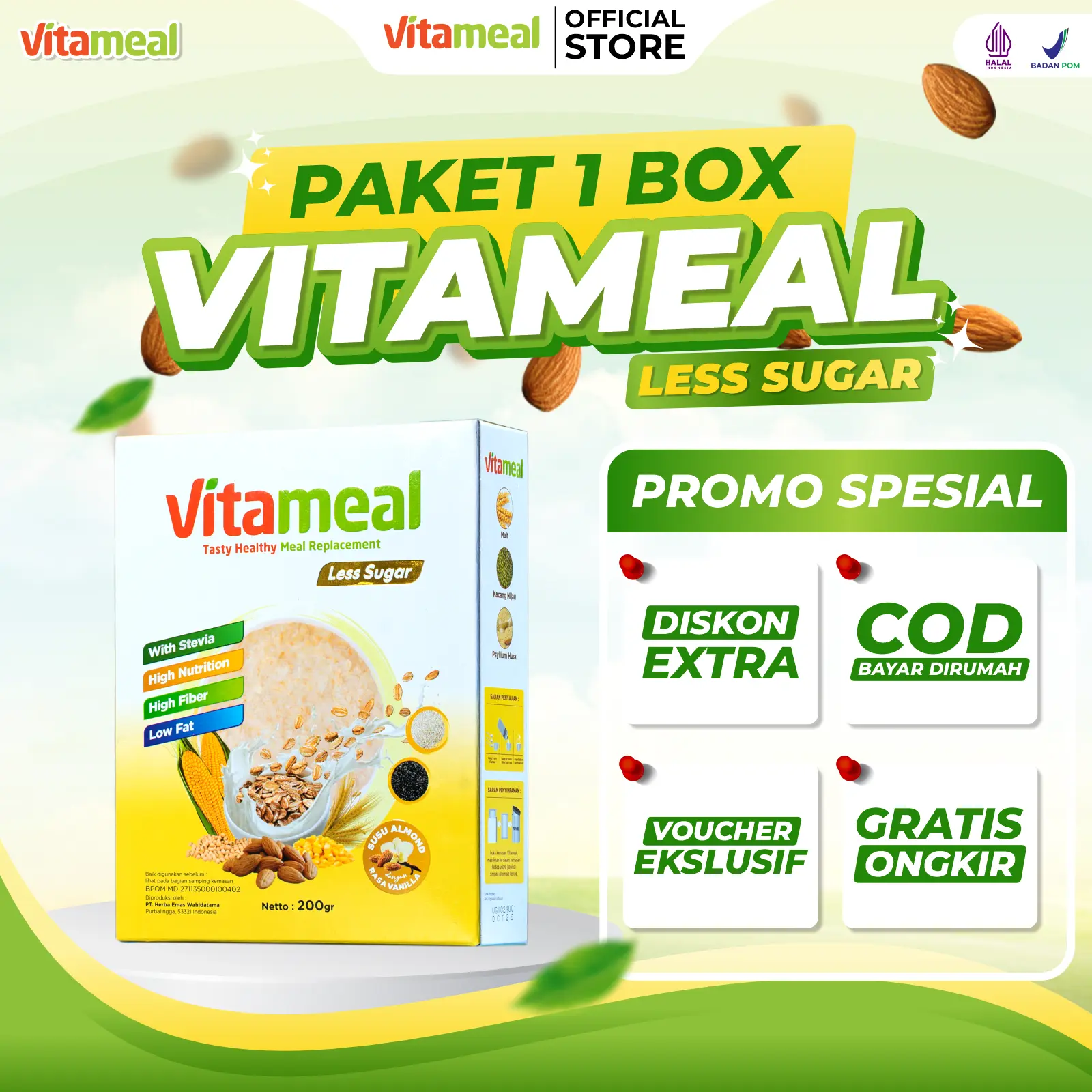 [1 BOX] VITAMEAL LESS SUGAR Original Resmi | Nutrisi Makanan Sehat | Cereal Food Granola Oatmeal | Sereal Susu Dairy Milk Almond