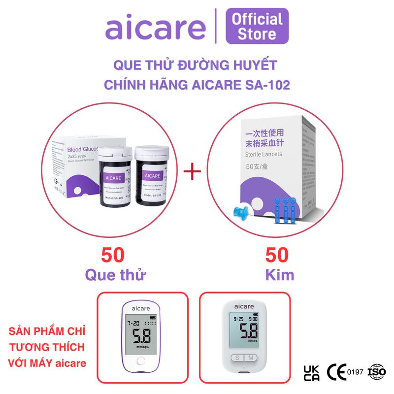 Hộp 50 Que Thử Đường Huyết Chính Hãng AICARE SA-102, Tặng 50 Kim, Dành Cho Cá Nhân, Dễ Dàng Sử Dụng Tại Nhà