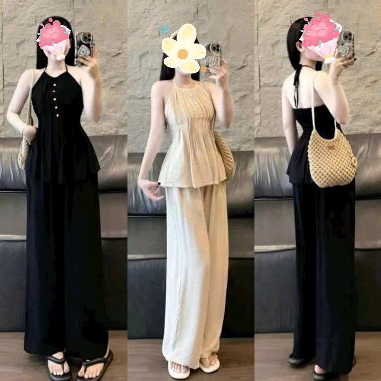   Free size eo dưới 78cm  Set áo nữ cổ yếm cột nơ kèm quần dài đũi hàn trẻ trung xinh xắn women 