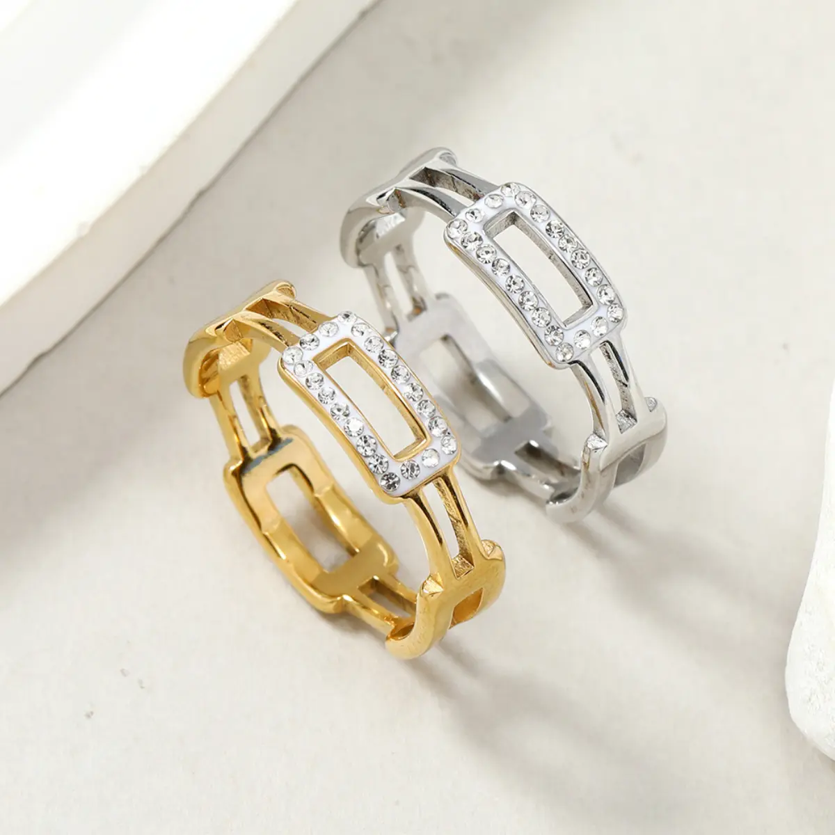 New Fashion Square Geometry Titanium Steel Ring Personalized Chain Stainless Steel Ring for Women