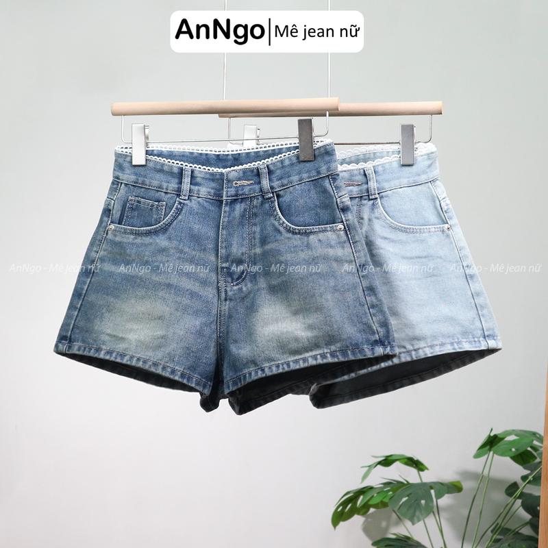 (Có big size) Quần short jean nữ cách điệu viền ren cá tính, chất jean denim không giãn mềm mịn Anngo - AT496