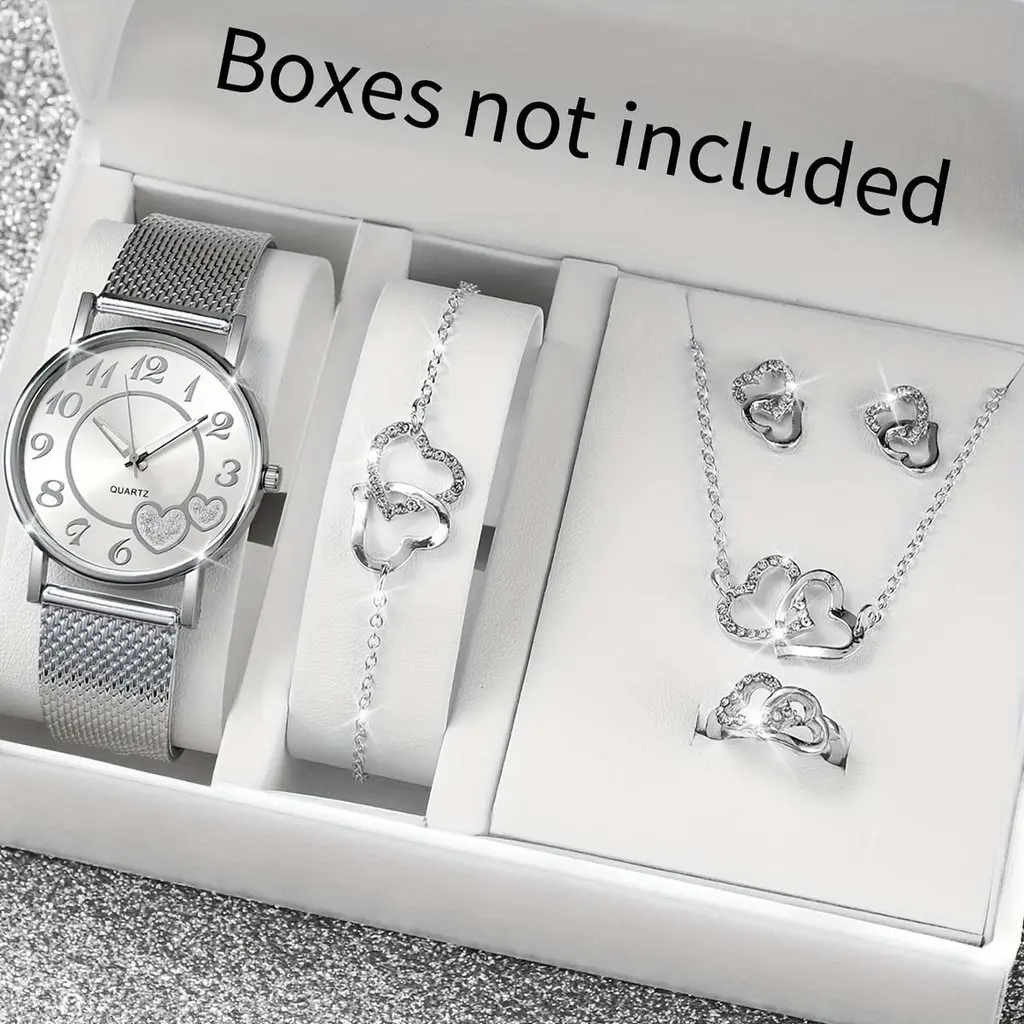 5PCS Jam Tangan Kuarsa Wanita Fashion Penunjuk Jantung Dial Bulat Tali Baja Jam Tangan Set Perhiasan Jantung Gratis (Tanpa Kotak)  Kaca Stainless Quartz Watches