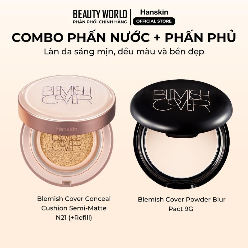 Combo Trang Điểm Phấn Nước Hanskin Blemish Cover Conceal Cushion Semi-Matte N21 +Refill + Phấn phủ HANSKIN Che Phủ Kiềm Dầu Nâng Tone Tự Nhiên Mỏng Mịn 9G