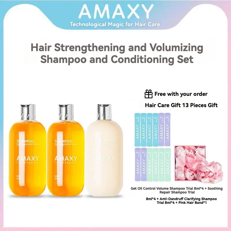 [AMAXY]Cleanser /Haircare  Amino acid ginseng shampoo and conditioner set with long-lasting scent and powerful repair fragrance shampoo and conditioner set 400ml*2+conditioner 400ml*1 [gift] 8ml*12+pink hair tie Cleansing Scented Aroma Comfort