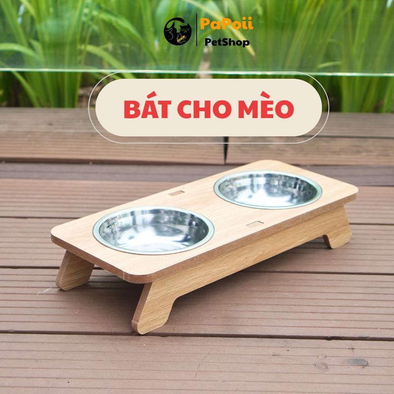 Bát Ăn Đôi Bằng Inox Đế Gỗ Cho Chó Mèo PaPoii PetShop