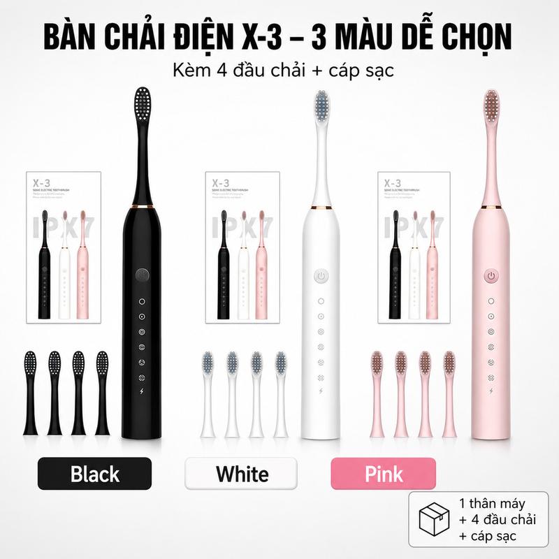 100% Bàn Chải Điện Sonic X-3 6 Chế Độ, Chống Nước IPX7, Kèm Tổng 4 Đầu Chải Và Cáp Sạc USB