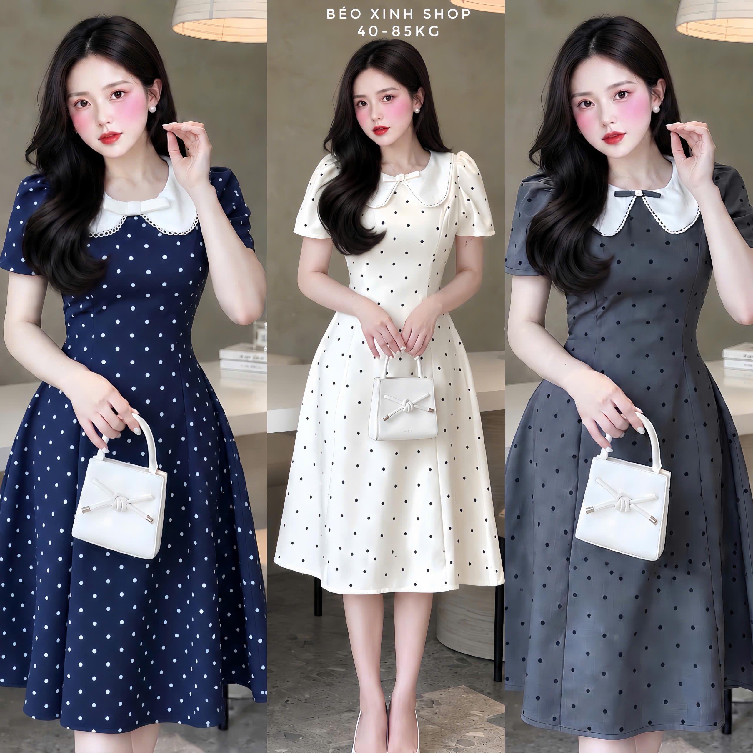 Váy Chấm Bi Nữ Bigsize Cổ Sen Phối Nơ – Đầm Xòe Thanh Lịch 40–90kg Thời Trang Nữ Béo Xinh Shop - B.1874