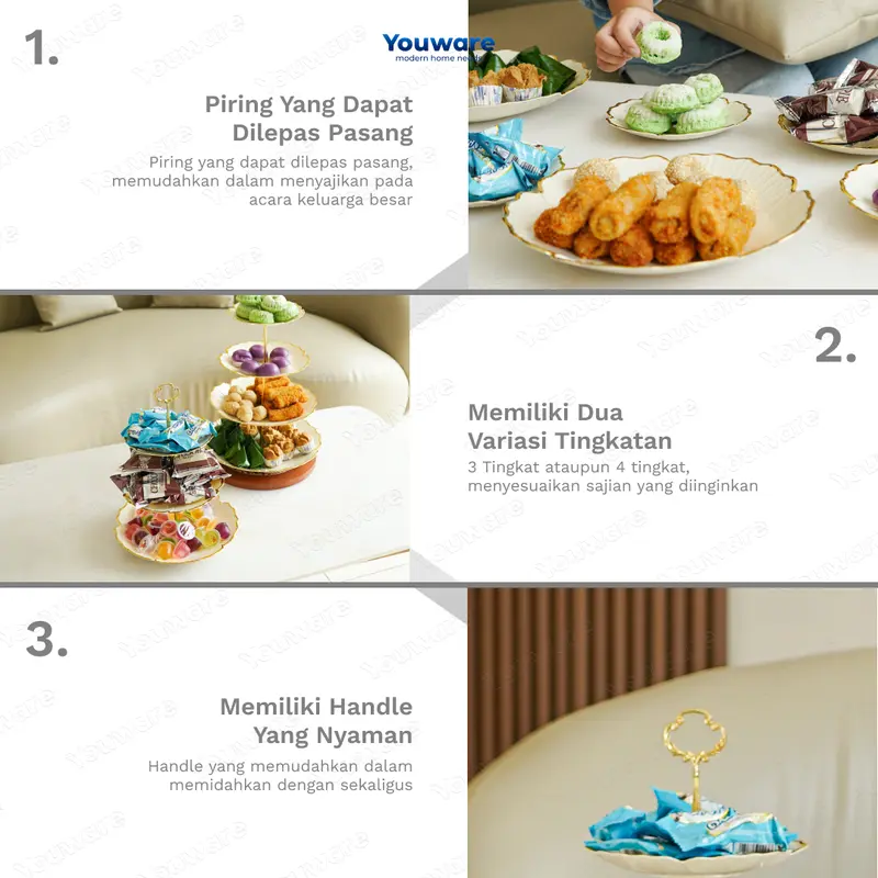YOUWARE - Hayse Rak Kue Susun 3 Tingkat / 4 Tingkat Detachable Plate Cake Stand Display Plastik Piring Saji 3 Tingkat Susun Lepas Pasang dengan Handle Rak Makan Kue Buah Cake Camilan Rak Kue Cake Emas Aesthetic dan Elegan 2