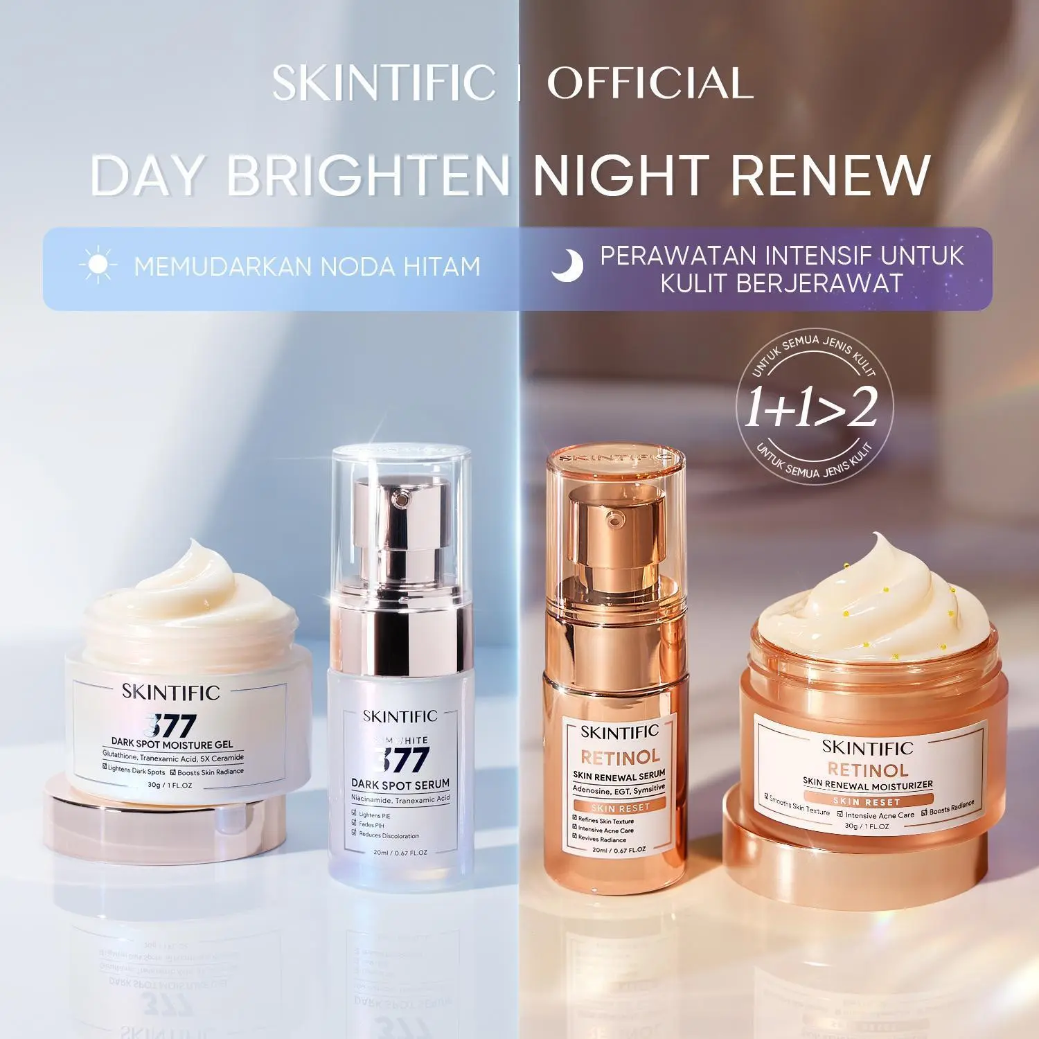 Skintific 4Pcs Skincare Day & Night Set Moisturizer Serum Set | VC Moisturizer &  Serum |Retinol Moisturizer &  Serum | Brightening Glass Glow  Anti Dark Spot Cleansing Renew  |  TXA Niacinamide  PDRN Retinol