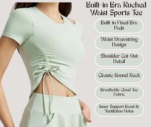 Sports Tee Women – Built-in Cup, Slim Fit Yoga Top with One-Shoulder Cutout & Ruched Drawstring [YA86]