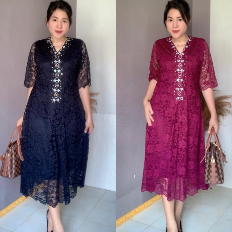 Dress Brokat Pesta Hitam Burgundy Mewah Formal 0