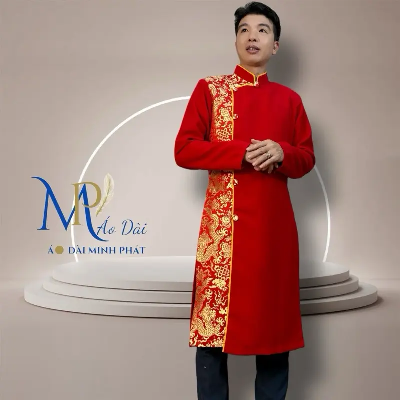 Áo Dài Minh Phát Vải Tuyết Mưa phối Gấm Hoạ Tiết Rồng Vàng  Cách tân cho nam Form Vest sang trọng Với nhiều mầu thích hợp mọi lứa tuổi Menswear 4