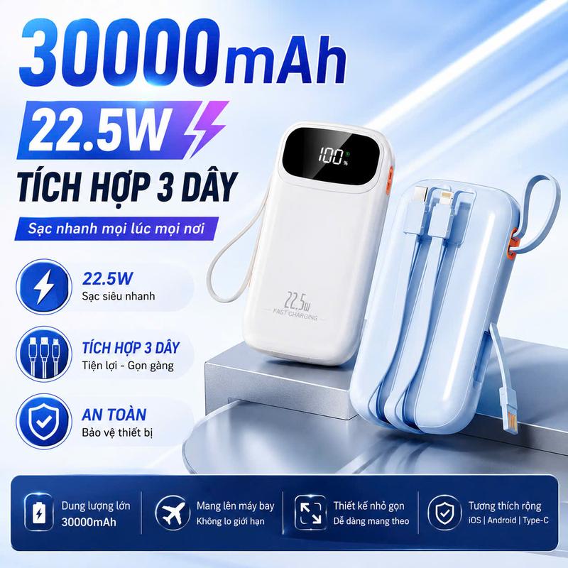 Sạc Dự Phòng 30000mAh Sạc Nhanh PD 22.5W Tự Tích Hợp 3 Dây Sạc Type-C Lightning Micro Màn Hình LED Đa Năng Chống Quá Dòng Áp Đoản Mạch