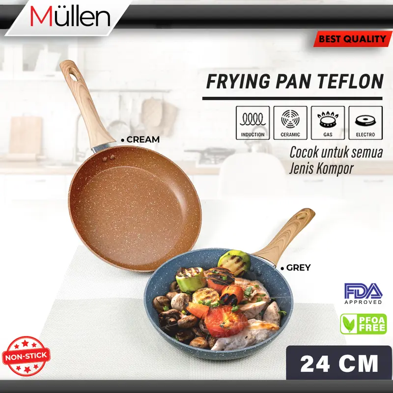 [ EXCLUSIVE CELYHOME ] - Fry Pan Marble Tanpa Tutup Anti Lengket Marble Coating Granit Gagang Kayu Premium 24cm Kitchenware 0