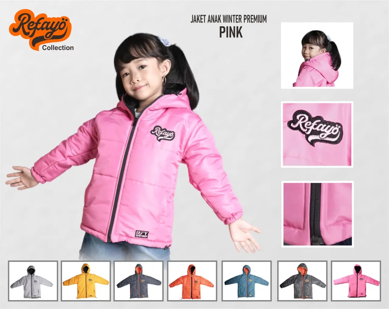 Jaket Winter Anak REFAYO Pria Wanita Outdoor Waterproof Windproof Pink Hoodie Bordir