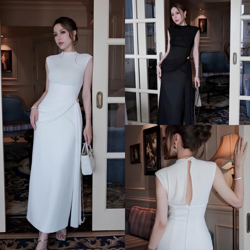  F66 Váy liền dáng body dài vải phối cách điệu 