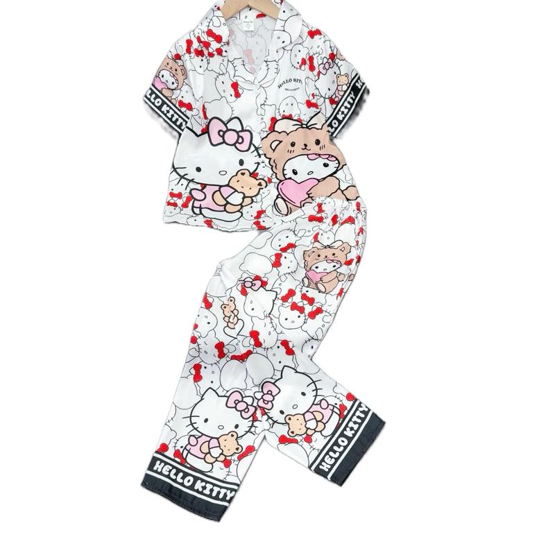 MÃ 47: 23-48kg. ( LỤA XƯỚC )  Quần dài tay ngắn cổ bẻ pijama thiết kế chất liệu LỤA XƯỚC cao cấp in 3D . Bộ đồ mặc nhà in hoạ tiết hottren labubu . koromi cho bé thoáng mát thấm hút mồ hôi đồ  ngủ babydoll Nữ Women Voi Áo bộ  set  đồ  nữ  12  tuổi