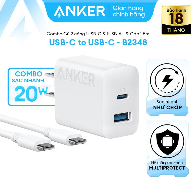 Combo20W Củ 20W + KèmCáp TypeC thích hợp Iphone 15 - Android | CỦ SẠC ANKER 2 cổng 1C1A - 20W Tặng kèm cáp USB-C to C 1.5m - Hỗ trợ PD PowerIQ 18W - B2348
