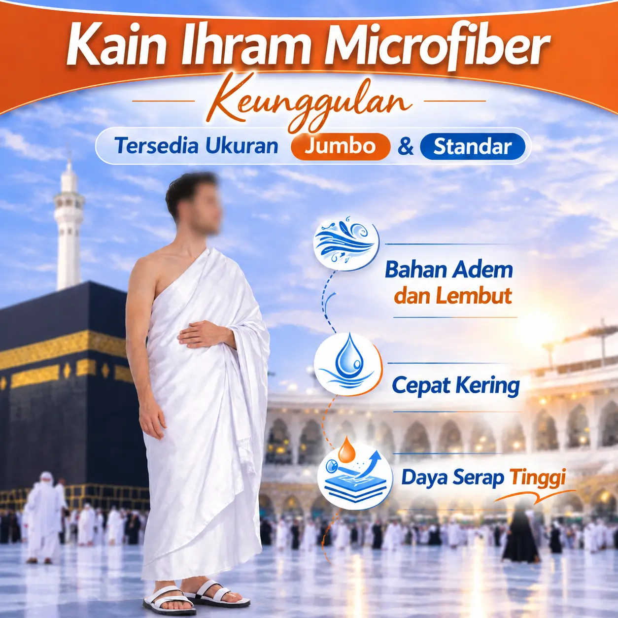 Al-fira Kain Ihram Microfiber  Putih Berkualitas Tinggi untuk Pakaian Haji & Umroh Bahan Nyaman Multifungsi Elegan Ukuran  Jumbo dan Standar