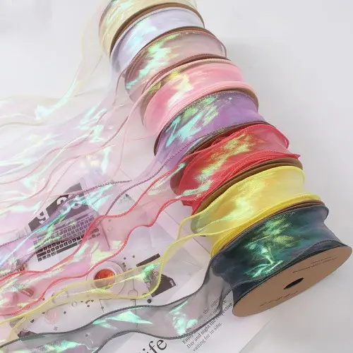 [Per Meter] Pita Fishtail Hologram Korean - Pita Organza Wavy Kriwil Keriting Gelombang Organdi - Ribbon Rainbow - Pita Chiffon Lebar 4cm Kado Transparan Bergelombang Gradasi Mengkilat - Buket Bunga Pesta Wedding Bucket Bouquet Craft Hampers